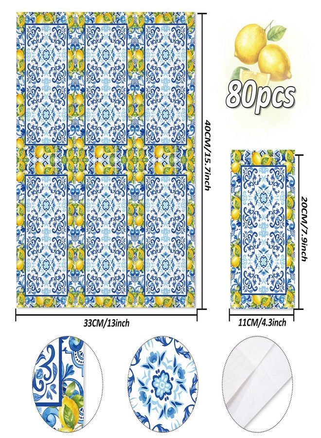 JarThenaAMCS 80Pcs Lemon Guest Napkins Blue Tile Lemon Disposable Paper Napkin Mediterranean Dinner Hand Napkin for Summer Party Supplies - Image 2
